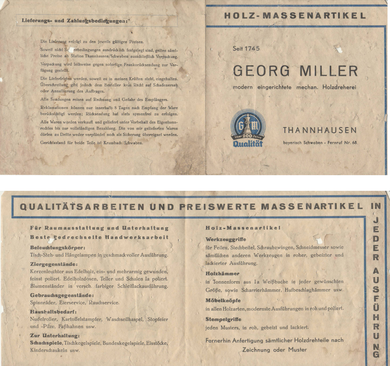 Altes Werbeblatt aus den frühen 1940er-Jahren, das gedruckte Informationen und Angebote einer traditionellen Holz­dreherei zeigt.